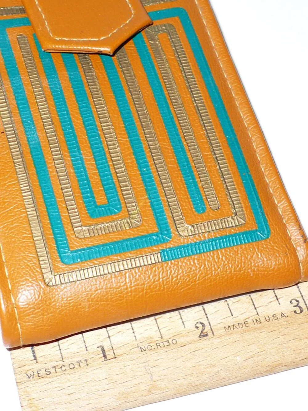 Vintage 1970's Brown Vinyl Billfold Pocket Wallet Green and Gold Design